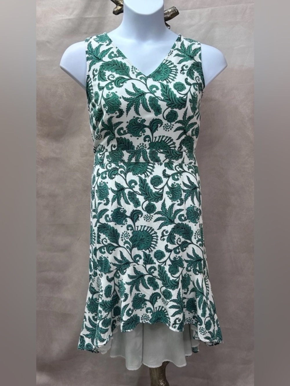 Monroe & Main Floral Design White, Green & Black Sleeveless Hi-Lo Dress Size L